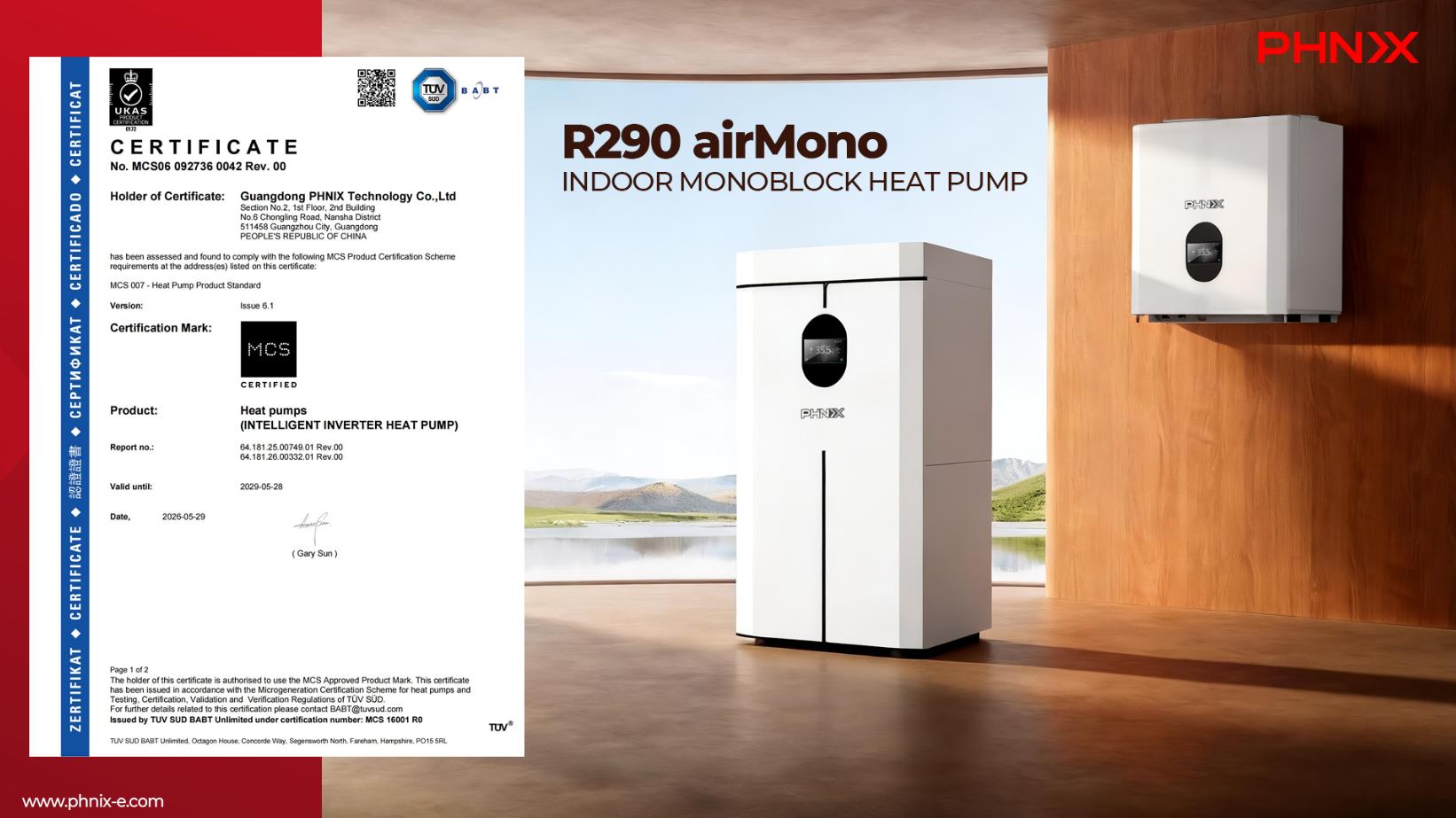 PHNIX Obtains TÜV SÜD’s First MCS Certificate for airMono Indoor Heating Heat Pumps